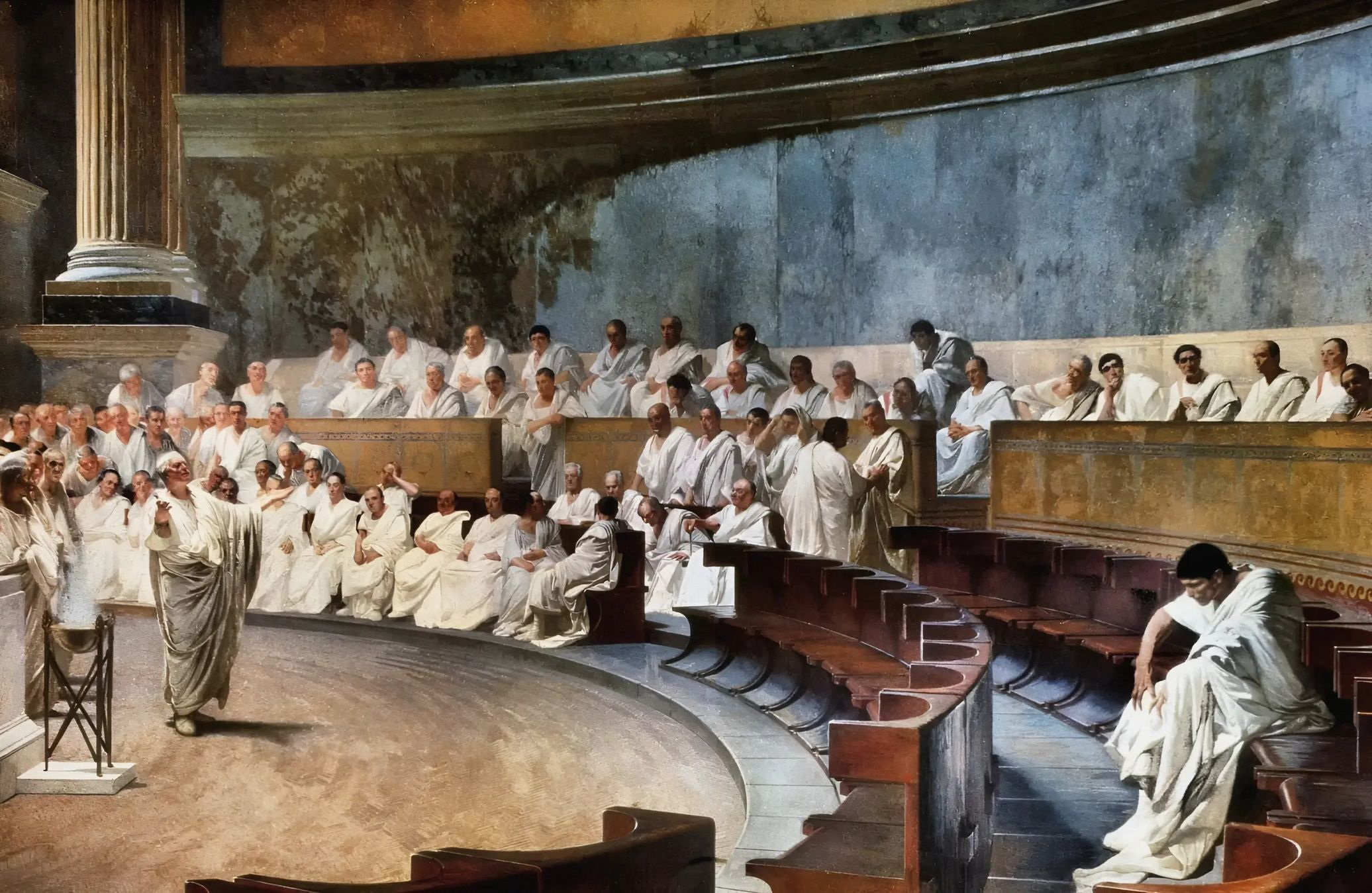 en målning av cicero som talar till senaten i rom.