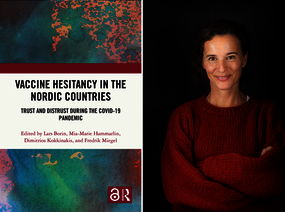 A book cover and a person in a red sweater.