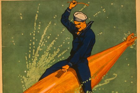 Old Propaganda picture of sailor riding on torpedo