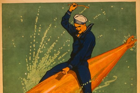 Old Propaganda picture of sailor riding on torpedo